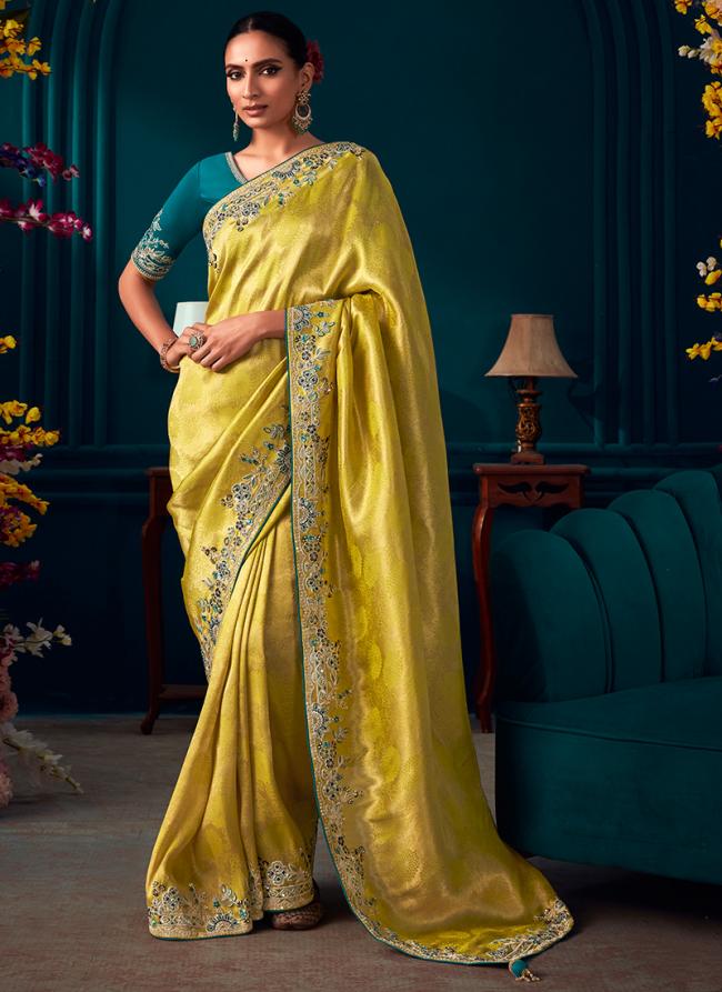 Pure Banarasi Kanjivaram Yellow Wedding Wear Sequins Work Saree